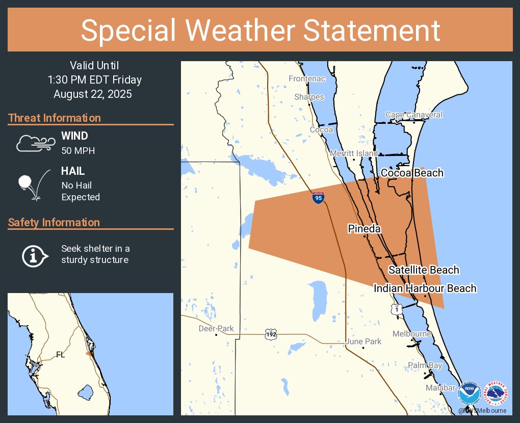 A special weather statement has been issued for Cocoa Beach FL, Satellite  Beach FL and Indian Harbour Beach FL until 1:30 PM EDT, image size:1020x830