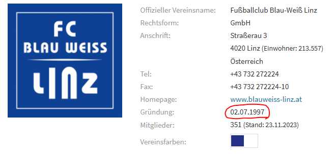 SVR1912Maksim's tweet photo. Das nennt man erfolgreichen Aktivismus. Sie haben jetzt einfach das Blau-Weiß Linz Gründungsjahr auf 1997 geändert. https://t.co/toJEpU3MmN