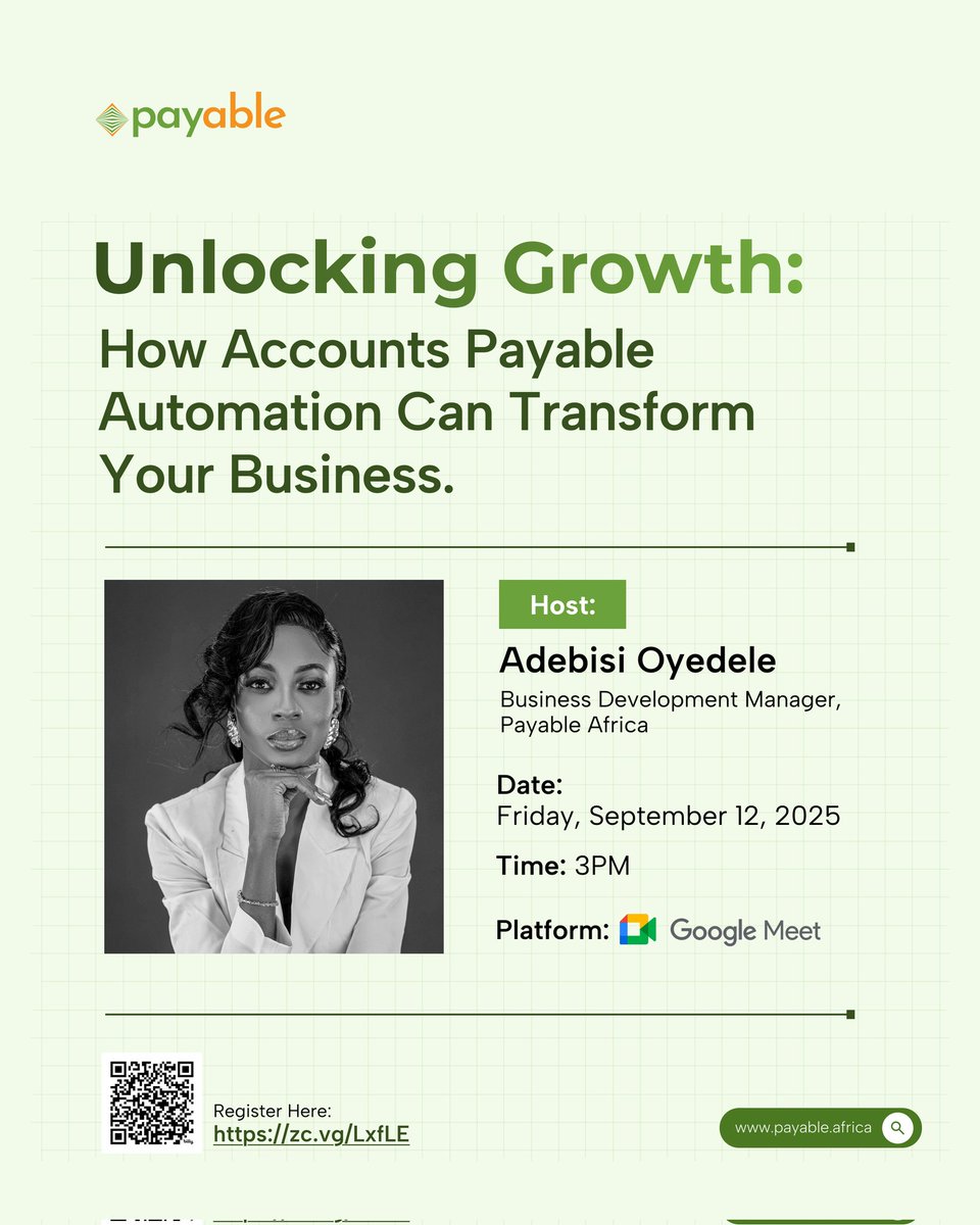 payableafrica's tweet image. Ready to scale your business smarter?

Date: Friday, September 12, 2025
Time: 3:00 PM
Platform: Google Meet
Topic: Unlocking Growth: How Accounts Payable Automation Can Transform Your Business

Register today: zc.vg/LxfLE

#payableafrica #webinar #accountsautomation