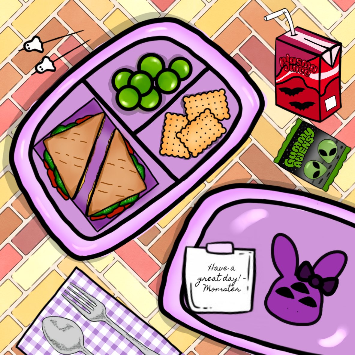 kawaiicryptic's tweet photo. Goobette’s eyes light up as she sees your lunch box. “No way! Lunch box twins!! 😆 What did you pack for lunch?

Use this template to make your own school lunch and lunch box! &amp; Say what you packed! 🍔

Tag me @kawaiicryptic ! 🌸

#lunchbox #minichallenge https://t.co/gOeQwY3aTY