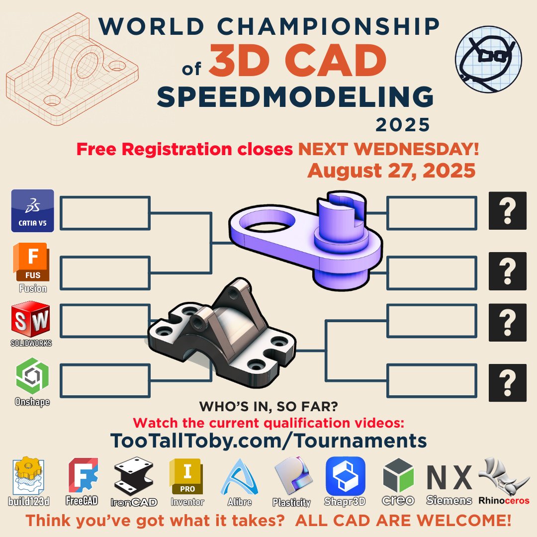 Register for FREE for the upcoming WORLD CHAMPIONSHIP of 3D CAD Speedmodeling TooTallToby.com/tournaments
All users 🎮 All Skill Levels 📺All CAD Systems are welcome!
Learn more here: youtube.com/watch?v=2OgSFO…