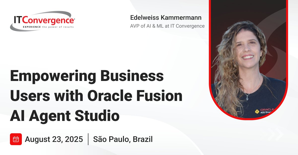 IT_Convergence's tweet image. 🚀 Join us tomorrow at #LAOUC2025 in São Paulo! 🇧🇷
⏰ 10:00 AM – 10:45 AM
Session: Empowering Business Users with Oracle Fusion AI Agent Studio
Presented by @EdelweissK, AVP AI & ML, IT Convergence
#OracleAI #AIAgents