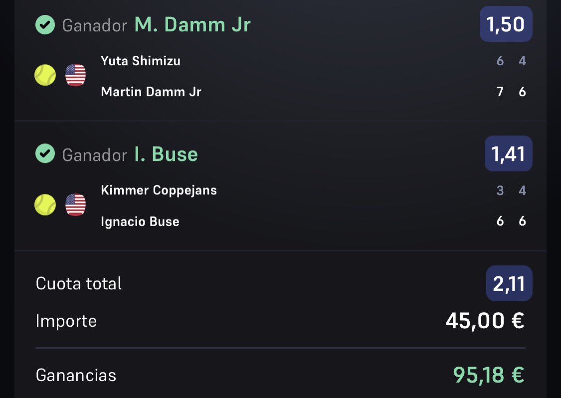 Primera del día ✅

STAKE 1,5/5

+50€ 💰💰💰

3/3 en Tenis 😎

Plazas aún abiertas para el reto del US Open 🇺🇸📥