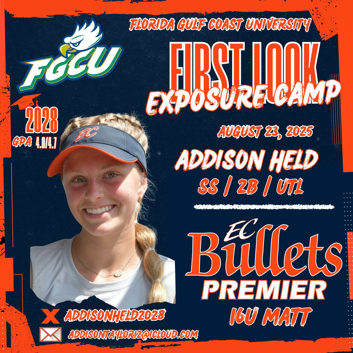 EC Bullets Premier (@ecb_premier) on Twitter photo π¦
FGCU β Addison Held
π¨ Camp Alert π¨
Addison Held (2028 β EC Bullets Premier 16U Matt) will attend the <a href="/FGCU_Softball/">FGCU Softball</a> First Look Exposure Camp! A 4.0/4.7 GPA shortstop / Second Baseman, she brings smooth defense and a big bat, and will showcase her all-around game for π¦
FGCU β Addison Held
π¨ Camp Alert π¨
Addison Held (2028 β EC Bullets Premier 16U Matt) will attend the <a href="/FGCU_Softball/">FGCU Softball</a> First Look Exposure Camp! A 4.0/4.7 GPA shortstop / Second Baseman, she brings smooth defense and a big bat, and will showcase her all-around game for