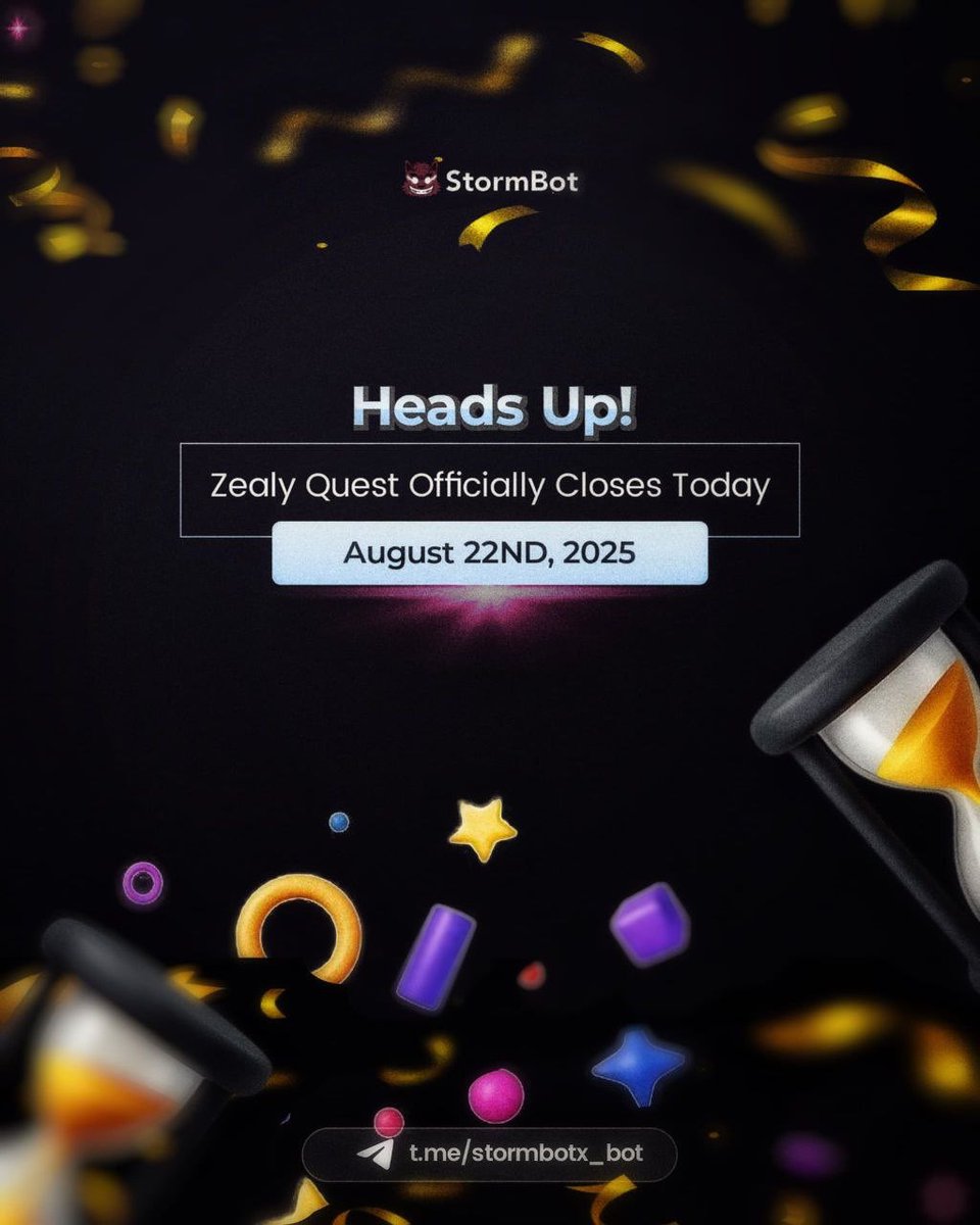 Stormbot zealy quest officially ends today.

🕕 Time: 12pm(WAT)