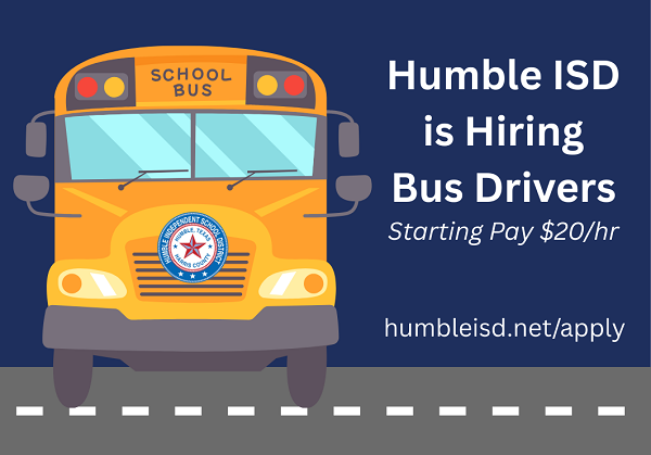 Humble ISD Transportation is HIRING! 

🚍Join the #HumbleISDFamily as a Bus Driver 
💰Starting pay is $20/hour
📝View the job description and apply today: bit.ly/4fQjWB4