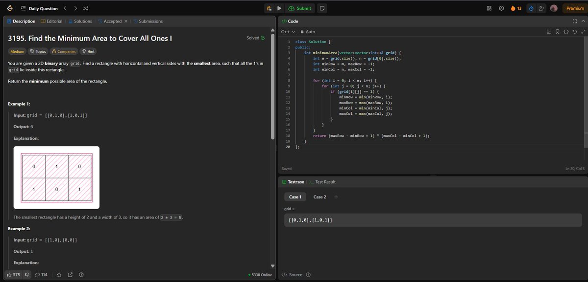 Anurags44798025's tweet image. 🚀 Day 27 of my 100 Days of LeetCode Challenge! 🚀

Today, I tackled Find the Minimum Area to Cover All Ones I.
#LeetCode #100DaysOfLeetCode #Coding #Algorithms #DSA