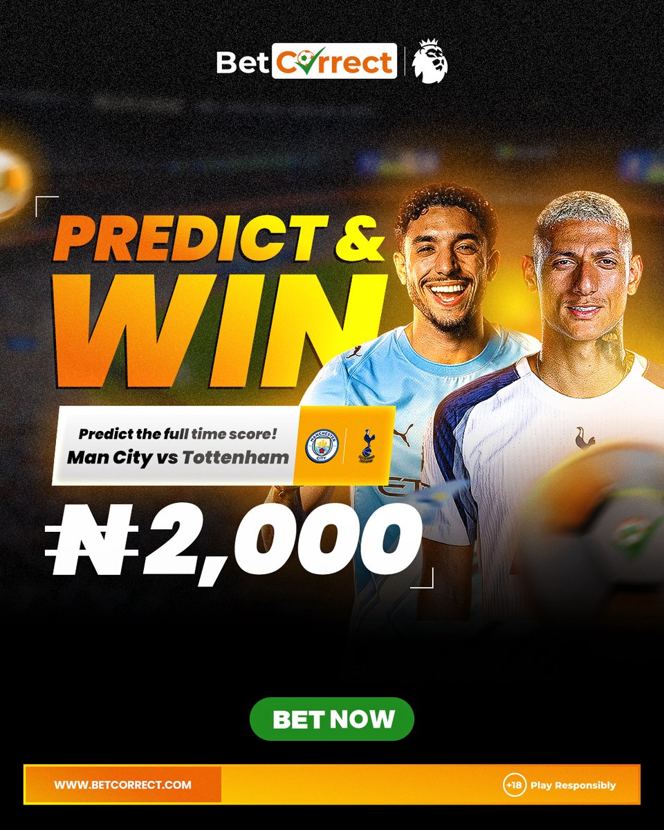 BetcorrectNG's tweet photo. WHO WILL RUN THE SHOW AT THE ETIHAD? 

Predict the full-time score for Man City vs Tottenham and you fit win ₦2,000 Free Bet.  

✅ 5 lucky winners go collect ₦2K each 
📷 One entry per person 

#EPLWithBetCorrect #PredictAndWin #ItsGameTime #ItsGameWithBetCorrect  

Play responsibly. 🔞