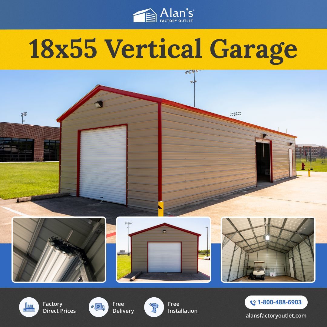 From oversized vehicles to heavy-duty equipment, our 18x55 Vertical Garage has the space and strength you need. Stylish, durable, and installed at no extra cost  your storage upgrade starts here! visit alansfo.com/4elA1hs  to order yours today!