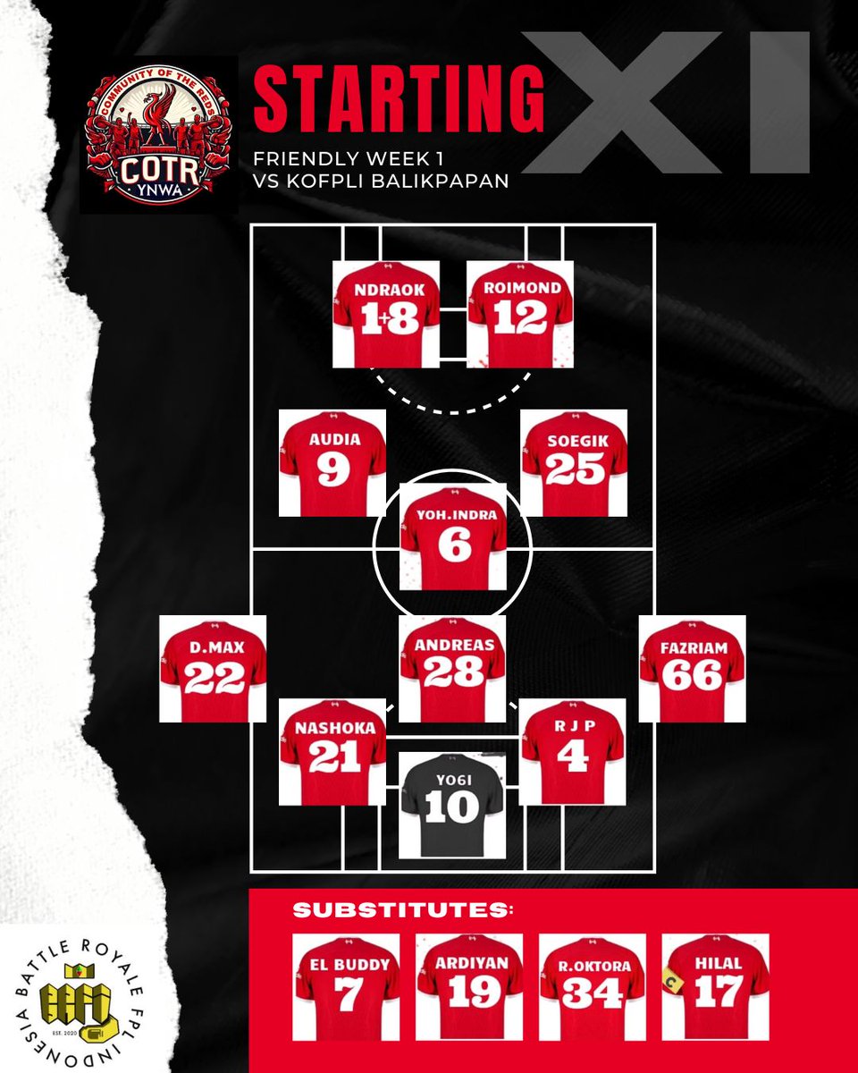 Inilah 11 pemain pertama melawan <a href="/kofpli_bpp/">KoFPLI Balikpapan</a>. Semoga tidak ada pemain yang cidera. Kesiapan untuk liga 4 <a href="/LigaBRFI/">Battle Royale FPL Indonesia</a> terus ditingkatkan. Evaluasi dan progres terus berlanjut. 🔥⚔️🎯
#fpl #fplindonesia #fplcommunity #YNWA #YNWA20 #JFT97 #LIGA4 #BRFI #GoCotrGo #UpTheReds