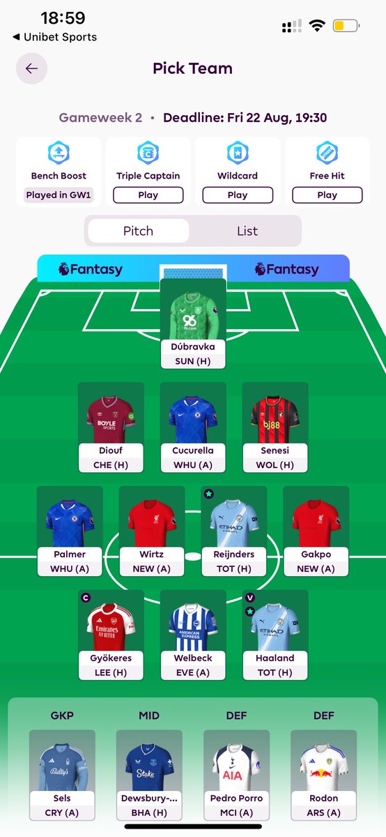 Laget till GW2. 

©️ Göken

Havertz bekräftad out. Hoppas och tror på mer speltid för svensken. En bra match för Gunners att få igång sin dyra sommarvärvning. 

🌏 OR: 171k