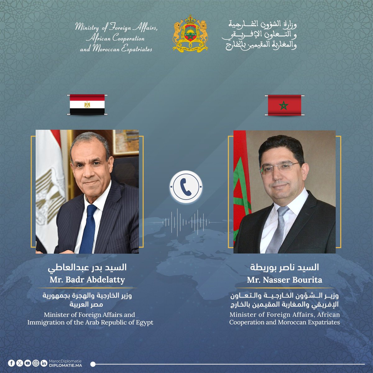 MFA Nasser Bourita had a phone call, today, with the Minister of Foreign Affairs and Immigration of the Arab Republic of Egypt, Mr. Badr Abdelatty