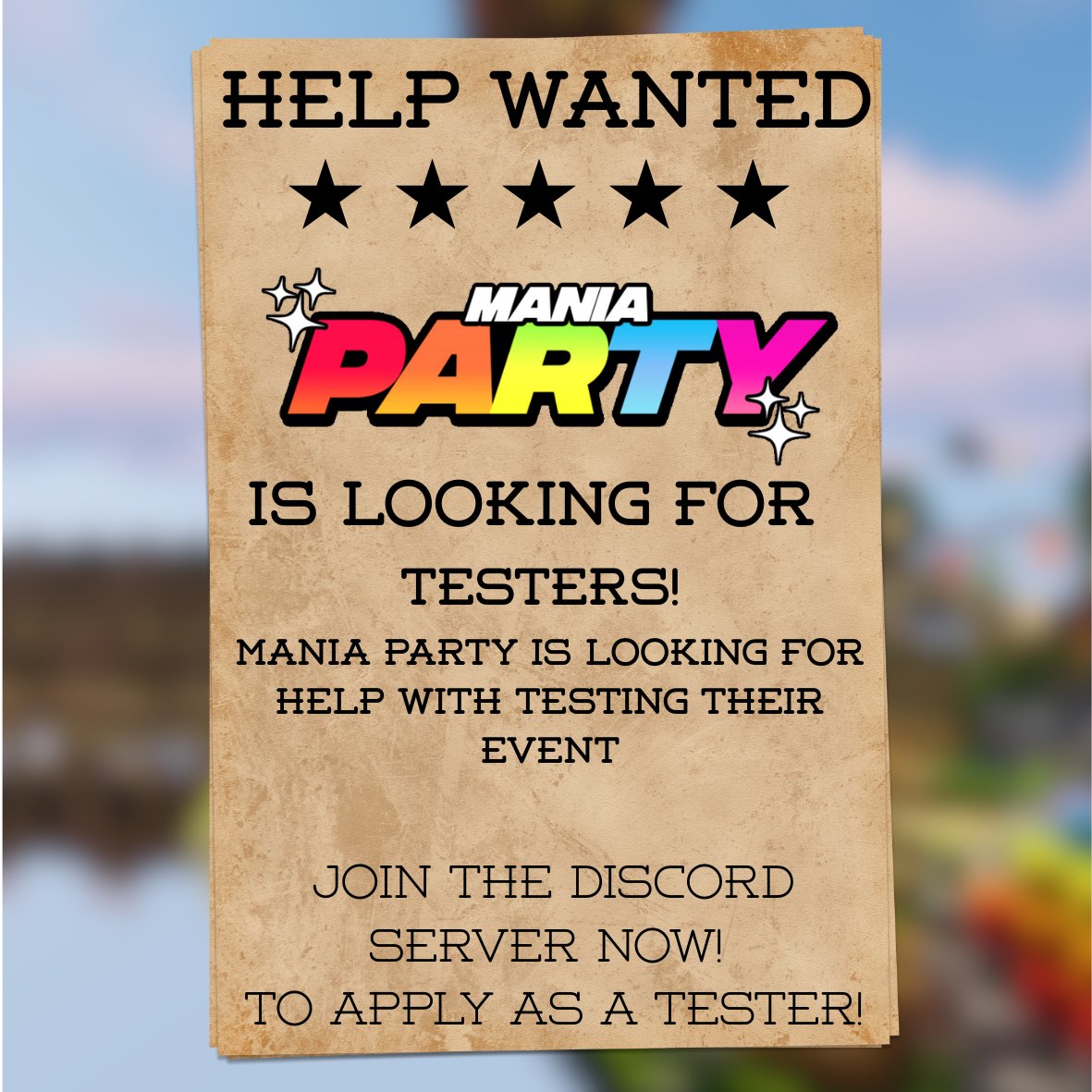 HELP NEEDED

We are looking for amazing people to volunteer and join the Mania Testing community to help make sure that Mania Party runs as smoothly as possible! 🧪🎊

Come get an experience of Mania Party whilst helping out and making some amazing new friends! 👋

Link Below! ⬇️