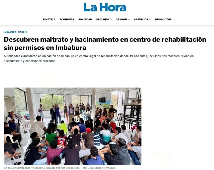🗞️ En <a href="/lahoraecuador/">La Hora Ecuador</a> se brindan más detalles sobre la clausura que ejecutó la #ACESS en un centro de tratamiento de adicciones ilegal en #Urcuquí. 
Infórmate y si tienes un familiar con esta condición, busca ayuda profesional y un servicio de calidad.
↪️ acortar.link/oILi9B