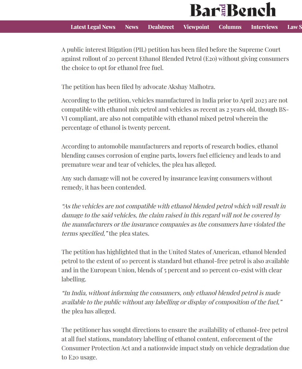 venkat_fin9's tweet photo. PIL filed in Supreme Court on E20 fuel, summary below.

Most vehicles made before Apr 2023 aren’t compatible with E20. Then how are we forced to use it? Who bears mileage drop or maintenance costs, minor or major? @PetroleumMin https://t.co/gqMA6PRJWz