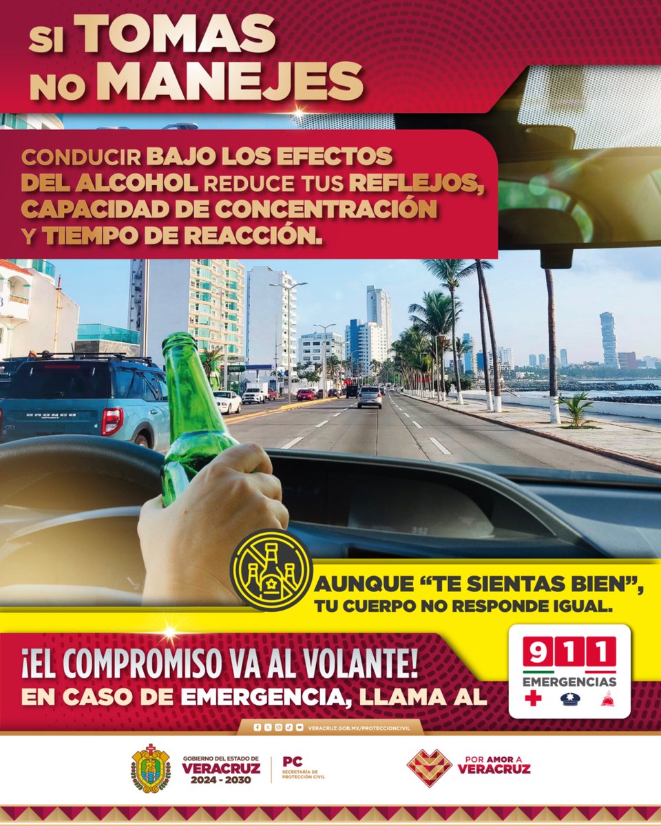 🚫🚗 Si tomas, no manejes.

Cada viaje seguro empieza con decisiones responsables. Evita riesgos innecesarios, cuida tu vida y la de los demás.

☎ Ante cualquier emergencia, llama al 911.