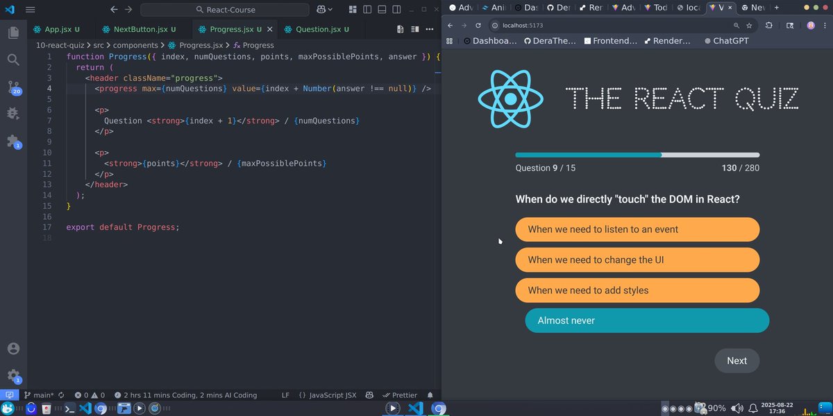 deraamaobi's tweet image. Here's what I did today..
• Added the functionality for handling quiz answers(correct and wrong) and moving to the next question
• Added a counter for the questions and max points
• Added a progress bar
#100DaysOfCode #react