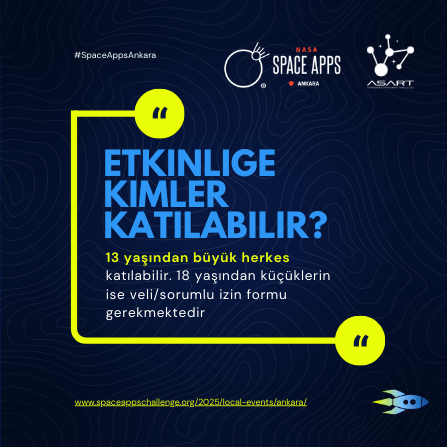 spaceappsank's tweet photo. 🚀 NASA Space Apps Challenge Ankara için Sıkça Sorulan Sorular!
📌 Takım oluşturma, proje koşulları ve daha fazlasını öğrenmek için kaydırmayı unutma.

Sorularının cevabını bulamadın mı?  DM üzerinden bize  ulaşabilirsin.

#SpaceApps #spaceappschallange #SpaceAppsAnkara #NASA https://t.co/d09TqJgdsk