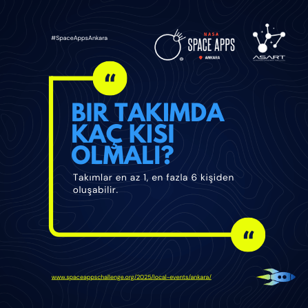 spaceappsank's tweet photo. 🚀 NASA Space Apps Challenge Ankara için Sıkça Sorulan Sorular!
📌 Takım oluşturma, proje koşulları ve daha fazlasını öğrenmek için kaydırmayı unutma.

Sorularının cevabını bulamadın mı?  DM üzerinden bize  ulaşabilirsin.

#SpaceApps #spaceappschallange #SpaceAppsAnkara #NASA https://t.co/d09TqJgdsk