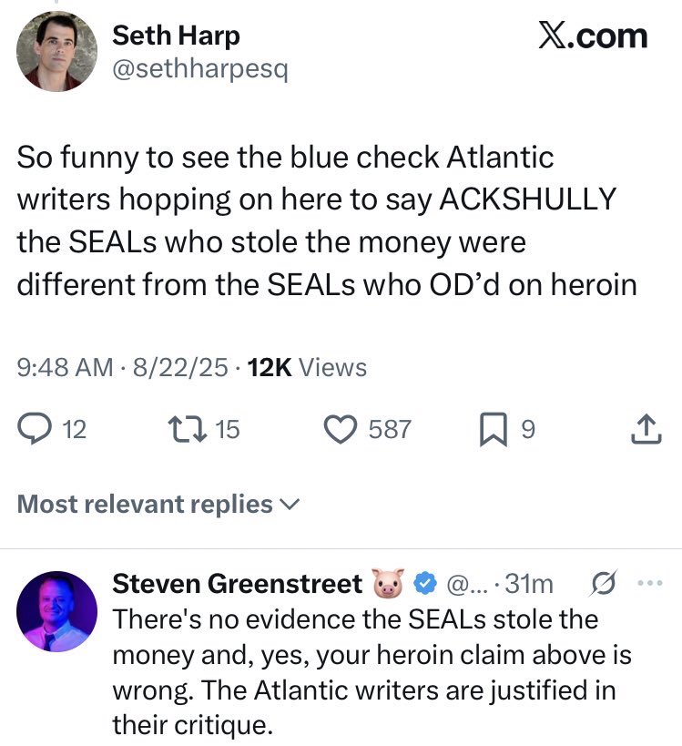 Seth Harp is lying. 

The security officers died of drug overdoses in 2014, five years after the Navy Seals killed the Somali pirates that hijacked the ship in 2009. 

The security officers’ bodies were not mutilated. 

These are two totally different events, same ship though!