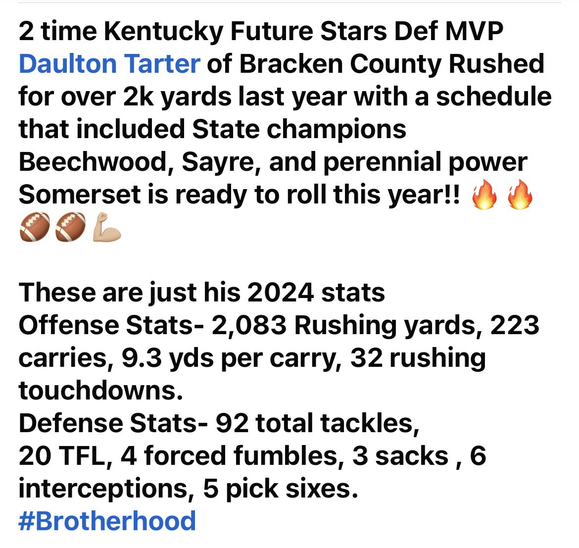 KYFUTURESTARS's tweet image. 2 time Kentucky Future Stars Def MVP @TarterDaulton of Bracken County Rushed for over 2k yards last year with a schedule that included State champions Beechwood, Sayre, and perennial power Somerset is ready to roll this year!
@CoachPerry_UK @CoachDerekDay @AlPopsFootball