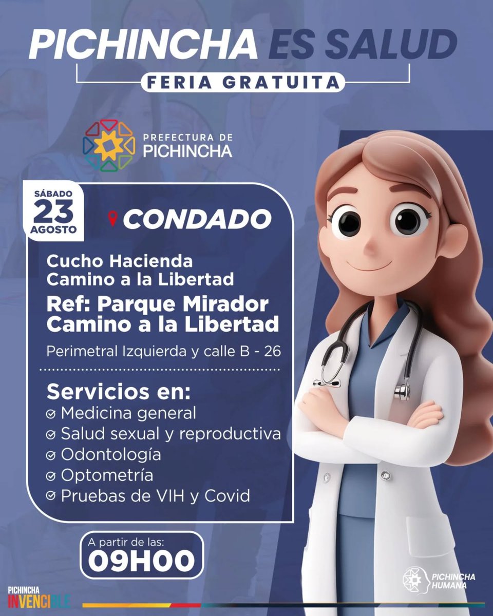 PichinchaGob's tweet image. ¡Es momento de cuidar tu salud! 🩺

Si vives en el #Condado, aprovecha esta gran oportunidad:

📍 Feria de Salud #GRATUITA
🗓️ Sábado 23 de agosto | ⏰ 09h00
📌 Cucho Hacienda - Camino a la Libertad (Perimetral Izquierda y Calle B 26)

Servicios disponibles:

✅ Medicina general
