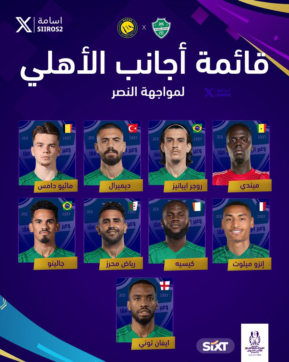 🚨 قائمة أجانب #الاهلي ضد النصر 🚨

🇸🇳 ميندي
🇧🇷 ايبانيز
🇹🇷 ديميرال
🇧🇪 دامس
🇫🇷 ميلوت
🇨🇮 كيسيه
🇩🇿 محرز
🇧🇷 جالينو
🏴󠁧󠁢󠁥󠁮󠁧󠁿 توني