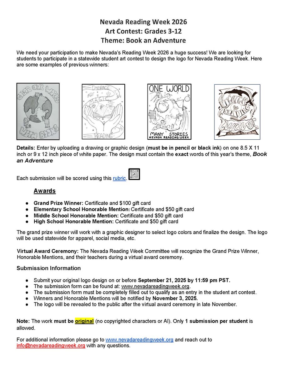 Nevada Department of Education (@nvstateed) on Twitter photo 🌟 Calling all student artists in grades 3–12! Get creative for the Nevada Reading Week Student Art Contest. Help design the logo for this year’s theme, Book an Adventure. Submit your design by Sept. 21 at 11:59 p.m. (PST). 📚🎨 <a href="/NVReadingWeek/">Nevada Reading Week</a>
nevadareadingweek.org 🌟 Calling all student artists in grades 3–12! Get creative for the Nevada Reading Week Student Art Contest. Help design the logo for this year’s theme, Book an Adventure. Submit your design by Sept. 21 at 11:59 p.m. (PST). 📚🎨 <a href="/NVReadingWeek/">Nevada Reading Week</a>
nevadareadingweek.org