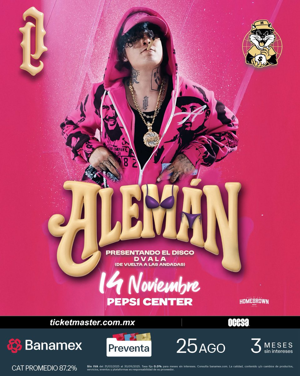 🚨 ANUNCIO OFICIAL 🚨

🎤🔥 ALEMÁN 🎤🔥
🗓️ Viernes 14 de Noviembre del 2025 🗓️
🏟️ Pepsi Center WTC 🏟️
📍 CDMX📍 🇲🇽 México 🇲🇽

🎫 Fechas de Preventas 🎫

Preventa Banamex: 25 de Agosto 11:00 AM
Venta General: 26 de Agosto 11:00 AM

-No habrá Preventa Priority ni venta Beyond-

🎟️