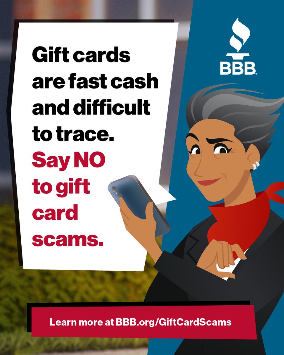 Scammers love gift cards—they’re fast, untraceable &amp; hard to recover. Real businesses will never ask you to pay this way. <a href="/BBB_Institute/">BBB Institute for Marketplace Trust</a> 

Protect yourself: BBB.org/GiftCardScams

#ScamAlert #GiftCardScam #StaySafe #FraudPrevention