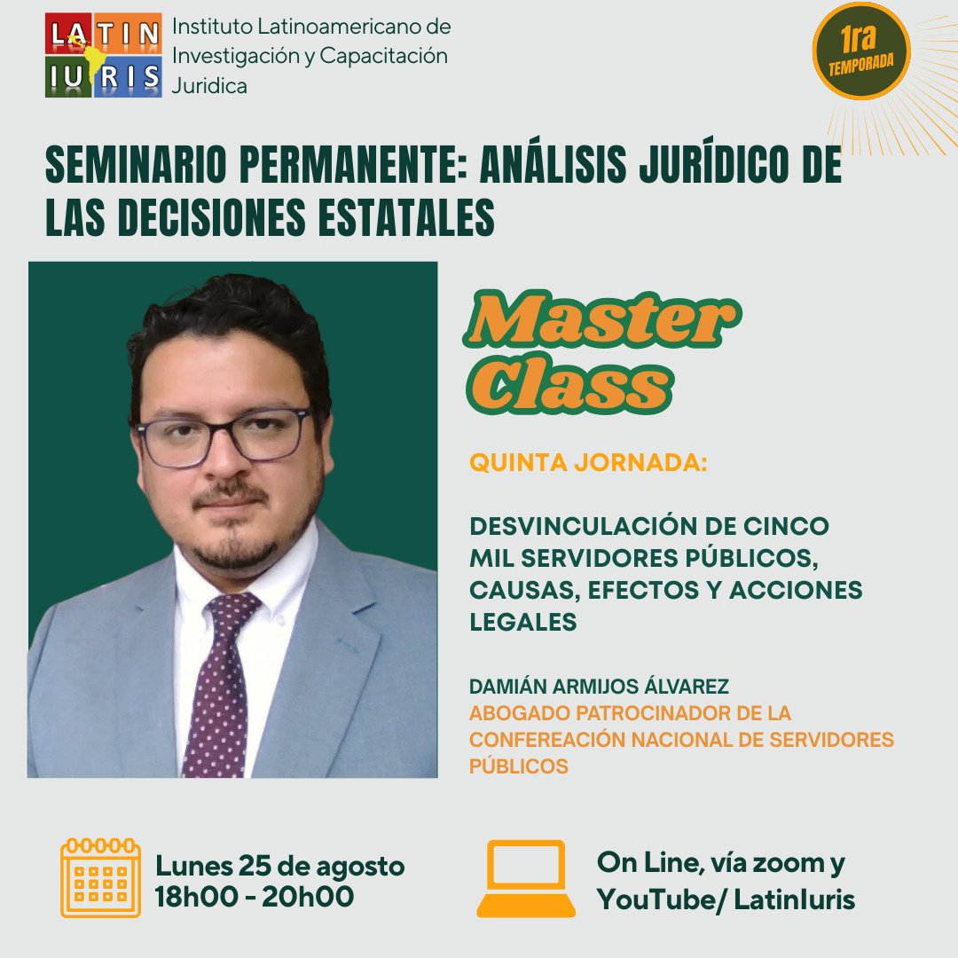 Continuamos con el desarrollo de nuestro seminario, el próximo lunes para analizar la decisión de desvinculación de 5 mil servidores públicos, causas, efectos y acciones legales. Registros en el siguiente link: forms.gle/s1JFLr3b3vAyuz…