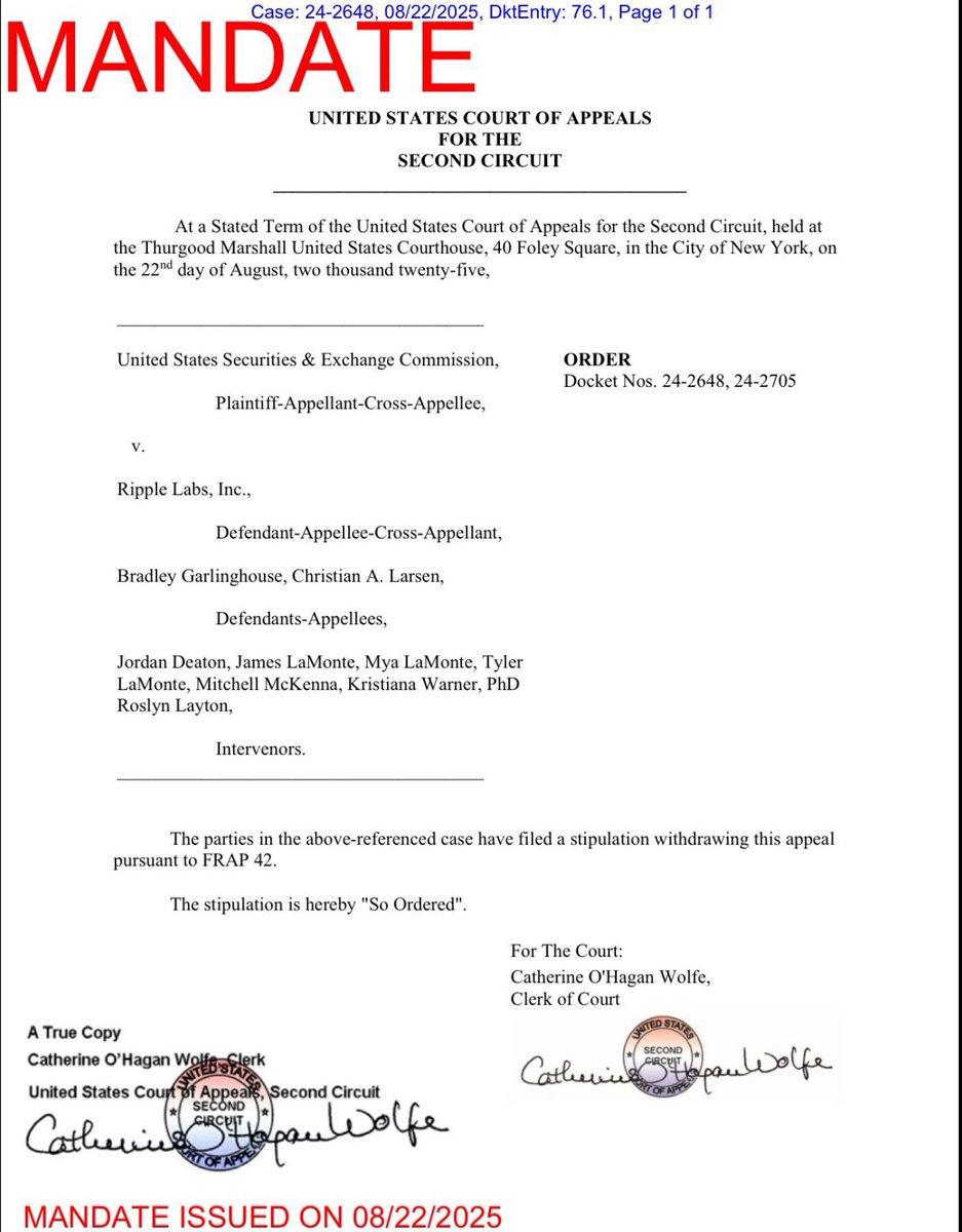 💣💣💣 BOOOOOOOOMB 💣💣💣

The Second Circuit has issued the MANDATE confirming the withdrawal of appeals in SEC v. Ripple.

✅ Case officially CLOSED at the appellate level
✅ District Court ruling stands firm

#XRP #Crypto #SEC #Ripple