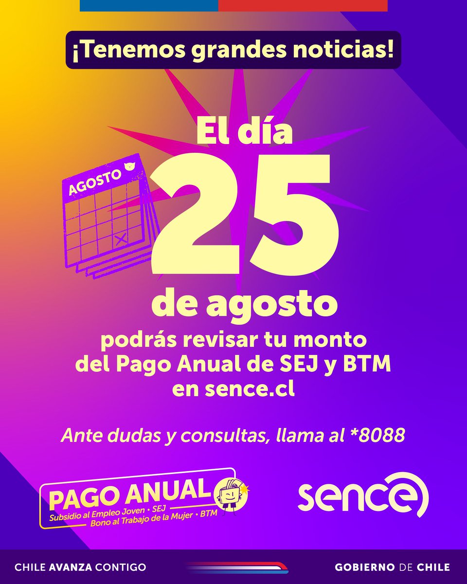 📢Atención región de #Coquimbo ✨Este lunes 25 de agosto podrás conocer el monto de tu Pago Anual del Bono al Trabajo de la Mujer #BTM o Subsidio al Empleo Joven #SEJ en Sence.cl 🙌🏼.
