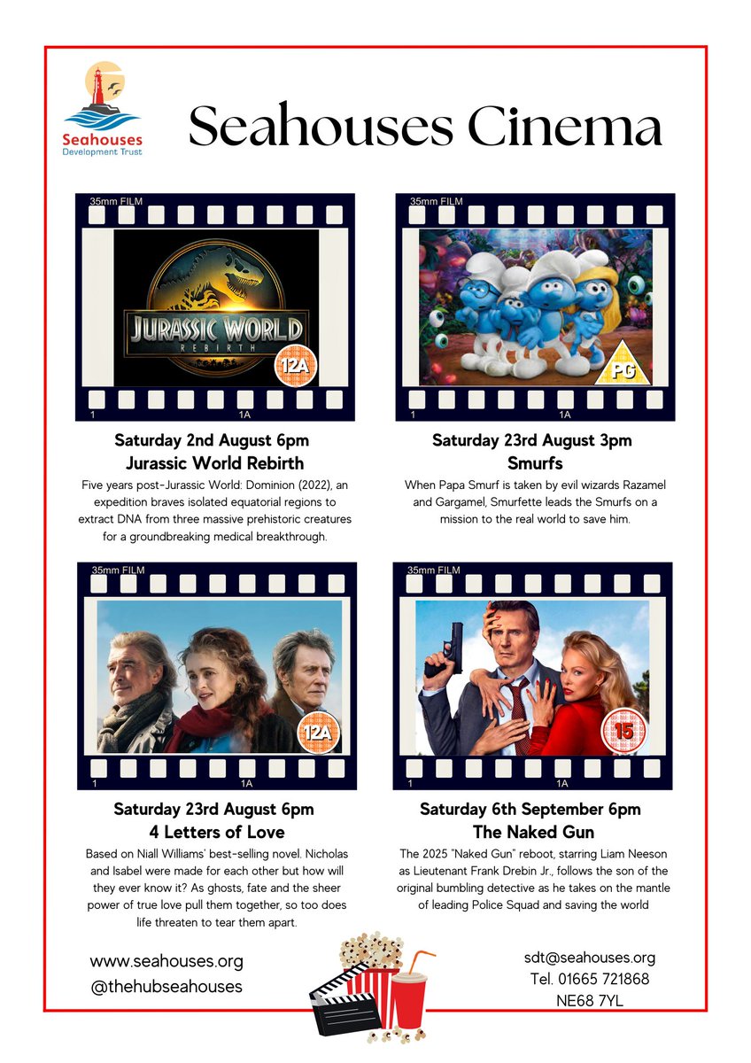 THIS SATURDAY!!! Sat 23rd Aug.
Don't miss #Smurfs2025 (Cert U) 3pm &amp; #FourLettersOfLove (Cert 12A) 6pm. T.721868 for info / tickets.
#Northumberland #Seahouses #SeahousesCinema
Giant Screen, Giant Beanbags, Fresh Popcorn, Bar and a very warm welcome.