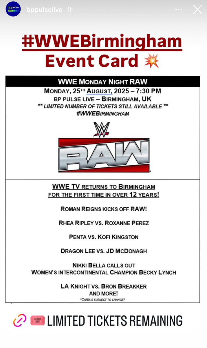 ItsJackSims's tweet image. WWE RAW in Birmingham’s match card has been revealed… Thoughts?🤔 

Much better than Smackdowns card in Dublin in my opinion!

#WWEBirmingham