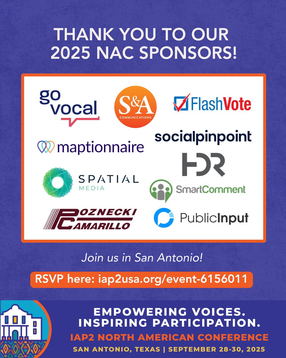 As we prepare for the 2025 IAP2 North American Conference, we’re proud to recognize the sponsors who are supporting meaningful public participation and engagement. 🎉

Want to be part of this incredible gathering of engagement professionals? RSVP here: iap2usa.org/event-6156011