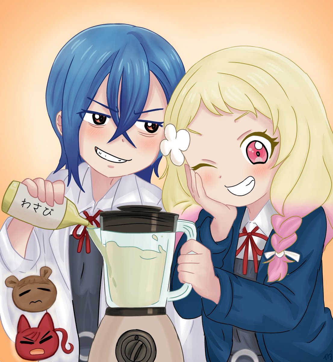 ShikiNatsu making a smoothie for their classmates… 😏🥤
#しきなつ