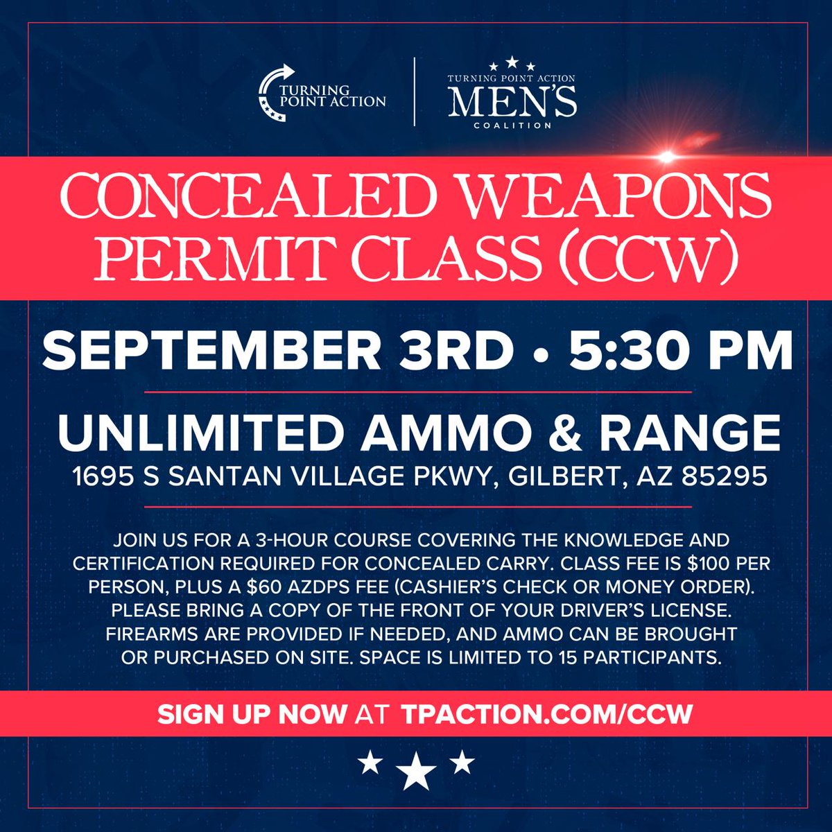 Join the <a href="/TPACoalitions/">Turning Point Action Coalitions</a> Men's Coalition for a CCW class. Going to be fun! Sign up 👇

P.S. Bring your lady! Sign her up!

TPAction.com/ccw