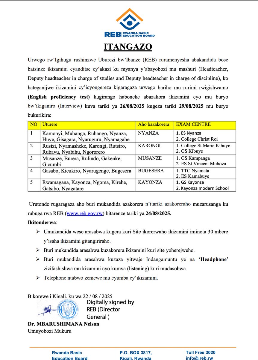 Itangazo rigenewe abakandida bose batsinze ikizamini cyanditse cy'akazi ku myanya y'abayobozi mu mashuri.