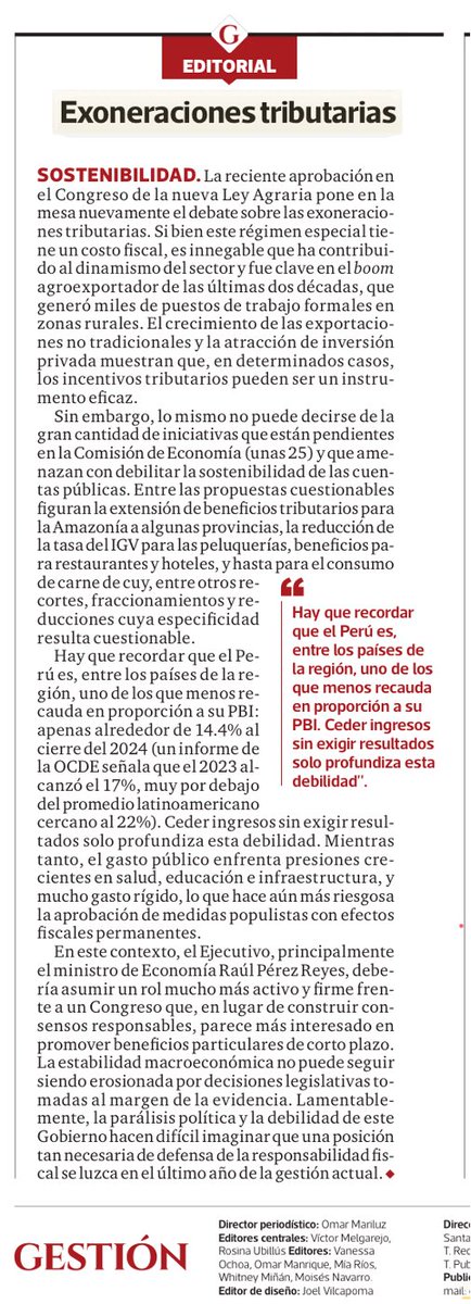Aquí, el diario <a href="/Gestionpe/">Diario Gestión</a> hacienado malabarismo argumentativo para justificar las exoneraciones tributarias a la agroindustria. En una misma columna dice que no se deberían conceder exoneraciones, pero justifica aquellas concedidas a este sector.

Las exoneraciones no son la