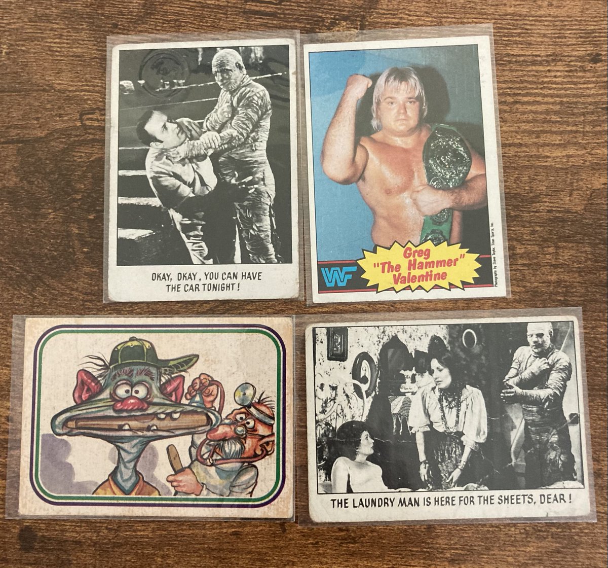 A quartet of thank yous to <a href="/3boyzdad/">LargeLar</a>  for sending me these cards as part of the 8/10 <a href="/ngtcollectibles/">Nathan</a> Sun giveaway thread! I love the Greg Valentine card as I opened a few packs of that set when I was a kid. An additional thanks to Nathan for taking the time to host the giveaway!