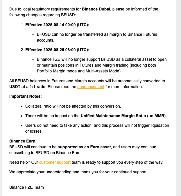 Isomeride's tweet photo. Binance UAE shared false information that resulted in customer losses:

1. Sharing false information to users (You have to transfer BFUSD from futures wallet to spot wallet otherwise it is unredeemable - pic 1. Still live on Binance website: https://t.co/fS3NuBDe59 )

2. Now user need to pay a fee (~0.1%) to redeem BFUSD (pic 2).

3. Then they tell you that here as had you just kept your BFUSD in futures wallet, they will redeem it for you at 1:1 without a fee (pic3)

User suffered loss due to false information (1). Binance should just honor 1:1 conversion for those who transferred at its advice without any fee.