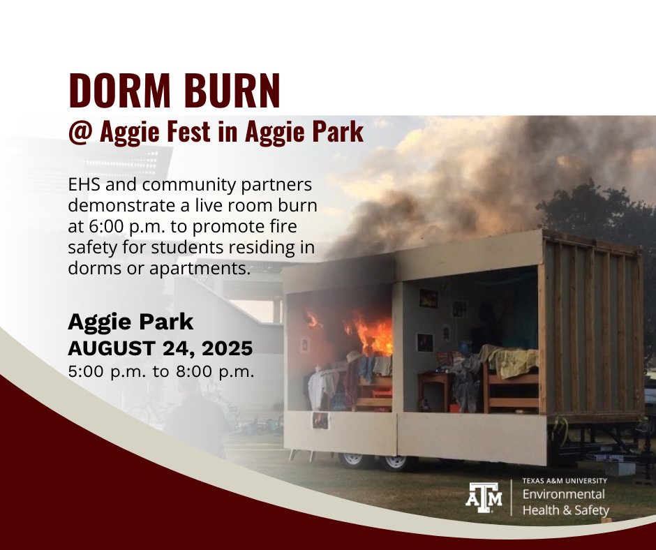 TAMU_Safety's tweet photo. Hey, Ags! Join us this Sunday for Dorm Burn in Aggie Park. Come for the free food and fun at Aggie Fest, then stay for the live room burn at 6:00 p.m. See you there! 

More info: https://t.co/2Kwvil8hj1 https://t.co/oNLAG34WZv