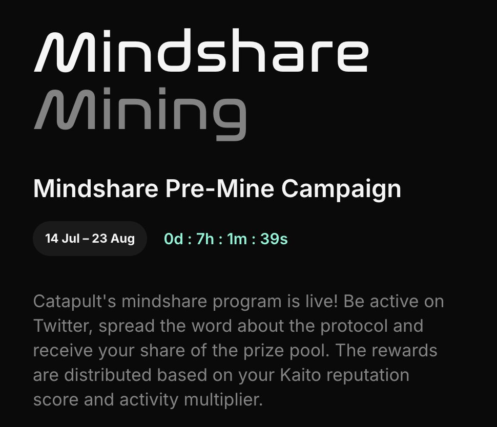 Greetings community!
Just discovered the Catapult Mindshare Mining campaign.
👉40 days, $200K in takeover rewards

👉 today’s wave is a jackpot day.

Been sharing my honest takes on the platform, tagging <a href="/letsCatapult/">Catapult</a>, and watching that Kaito score climb.

📍Remember Kaito score