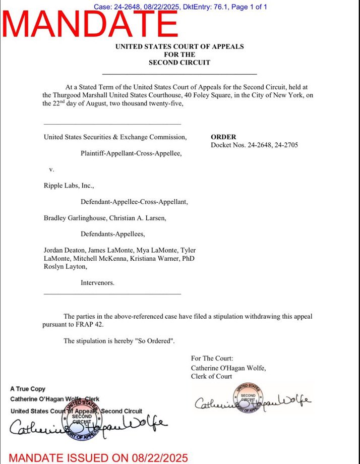 【速報】
🇺🇸米国第2巡回区控訴裁判所がSEC対Ripple事件の共同解任(控訴取り下げ)申し立てを承認し、2025年8月22日に共同棄却申し立てを正式に承認されました。

マンデートが発行されました！📜  💥

SECとRipple Labs、CEO Bradley Garlinghouse、共同創設者Christian A.