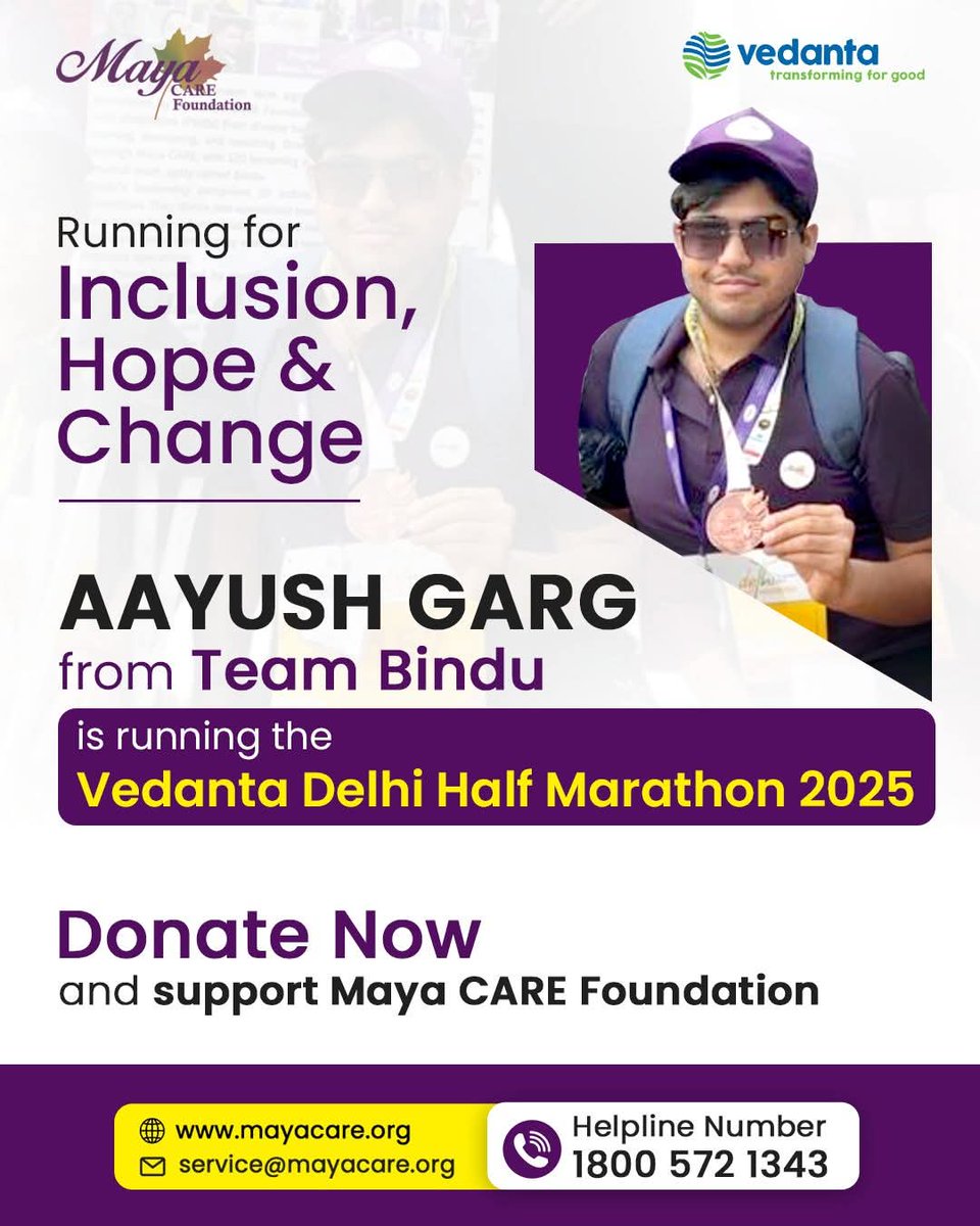 ServiceMayaCARE's tweet photo. At Maya CARE Foundation, we work to ensure that Persons with Disabilities (PWDs) and the elderly live with dignity, purpose, and opportunity. 💛
This year, our own Aayush Garg, a person with vision loss but an unshakable spirit, will represent us at the Vedanta Delhi Half Maratho https://t.co/PQDb5RJdk0