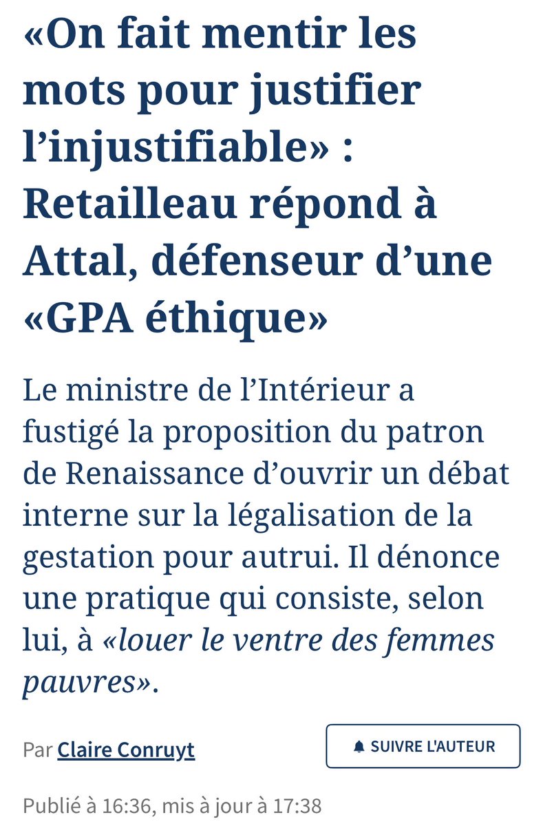 Lycrem 3.0 ☨ 🇫🇷🇪🇺 ☨ (@lycrem3) on Twitter photo ➡️Tiens <a href="/BrunoRetailleau/">Bruno Retailleau</a> s’oppose à la « GPA éthique », comme pour le mariage pour tous, l’IVG dans la constitution, la PMA pour toutes, la loi sur la fin de vie….
<a href="/BrunoRetailleau/">Bruno Retailleau</a> préfère la ligne de « Sens commun » et non le pragmatisme du bien commun. ➡️Tiens <a href="/BrunoRetailleau/">Bruno Retailleau</a> s’oppose à la « GPA éthique », comme pour le mariage pour tous, l’IVG dans la constitution, la PMA pour toutes, la loi sur la fin de vie….
<a href="/BrunoRetailleau/">Bruno Retailleau</a> préfère la ligne de « Sens commun » et non le pragmatisme du bien commun.