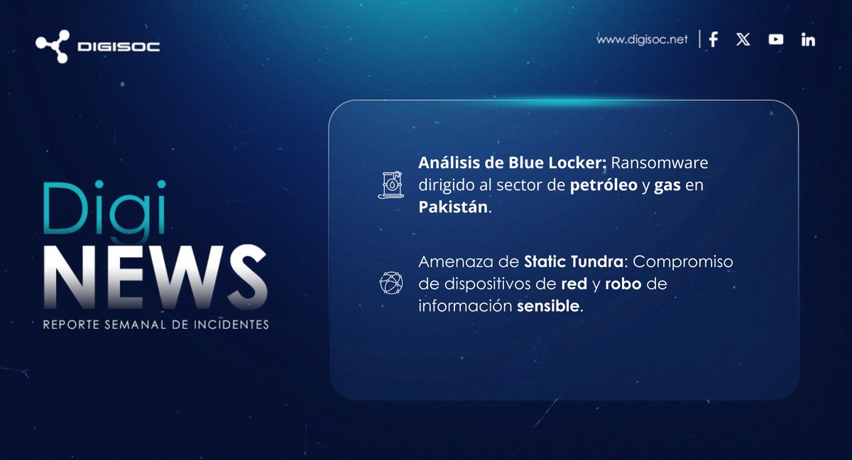 digisoc_mdr's tweet image. #Boletín
🚀Manténgase informado sobre las noticias de #Ciberseguridad del 11 al 17 de agosto 2025.
🦾Nuestro equipo de investigación de #Digisert analiza los principales casos en el mundo #Cibernético.
Link 🎯lnkd.in/eScjUBuv