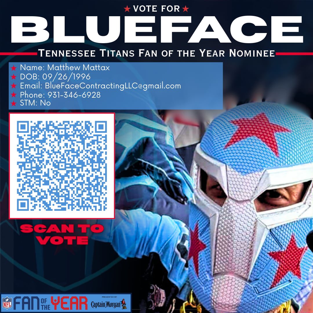 TitansBlue25's tweet photo. As you all know i have entered the race for #Titans fan of the year again.

I’ve been riding with the Titans through every high and low, repping two-tone blue everywhere I go, and I’d be honored to represent our amazing fanbase. 🏈⚔️

👉 To nominate me, use my info below:
 • Name: Matthew Mattax
 • DOB: 09/26/1996
 • STM: No
 • Email: bluefacecontractingllc@gmail.com
 • Phone: 931-346-6928
 • Jersey Size: S

Let’s show the NFL what TITAN UP really means! 💙🤍
Thanks for the support, y’all. #TitanUp #TitansFanOfTheYear #BlueFace