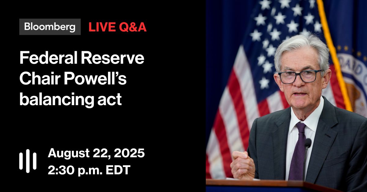 business's tweet photo. TODAY: In his speech, Chair Jerome Powell detailed the tension in balancing the Federal Reserve's dual mandates amid relentless political pressure from President Trump.

From Jackson Hole, Bloomberg journalists answer your questions in a Live Q&A starting at at 2:30 p.m. EDT: https://t.co/7dhG8jHfFc